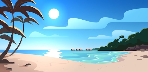 Vista de ilustração de paisagem de natureza de verão plana vetorial com praia oceânica, céu, costa do mar, palmeiras, hotel bangalô. bom para banners de viagem, cartões, férias, publicidade turística, folhetos, flayers.