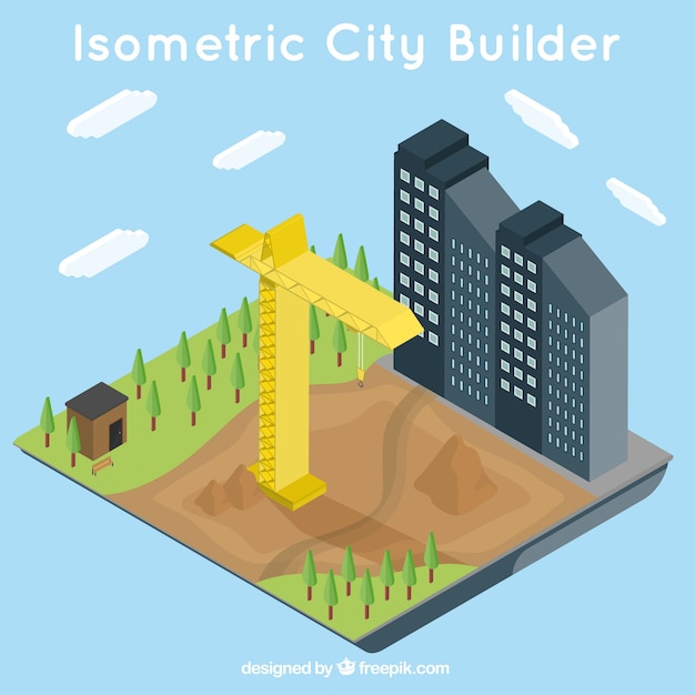 Vista isométrica de uma construção cena com guindaste