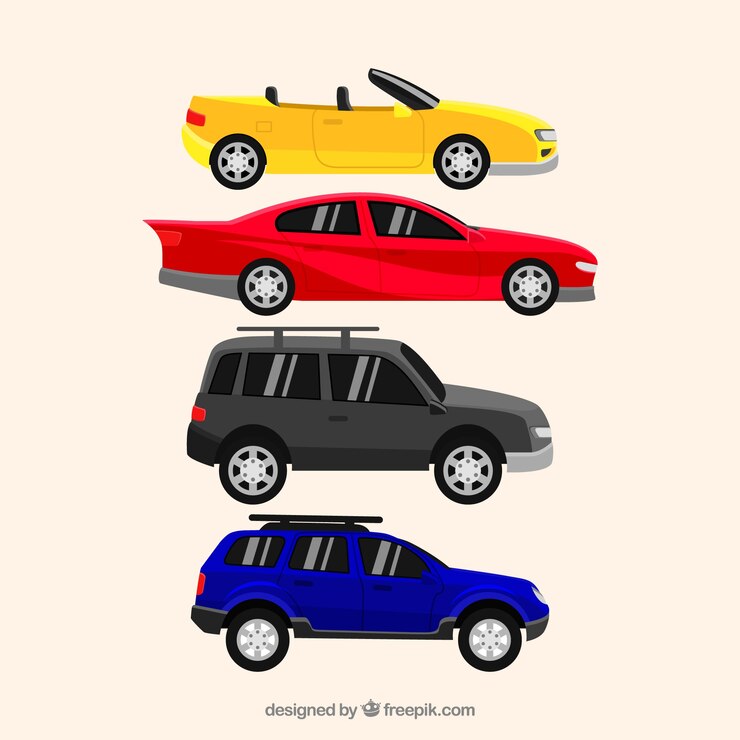 Vetor grátis vista lateral de carros planos em diferentes cores