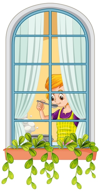 Vetor grátis vista pela janela de uma mulher cozinhando