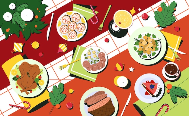 Vista superior da mesa de natal com pratos e talheres decorados