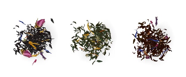 Vista superior de pilhas de chá, variedade de folhas secas e flores isoladas em branco