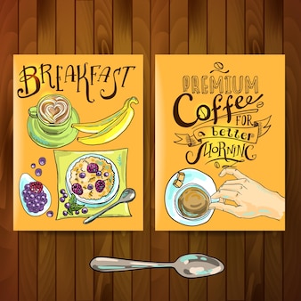 Vista superior do café da manhã de belos panfletos desenhados à mão