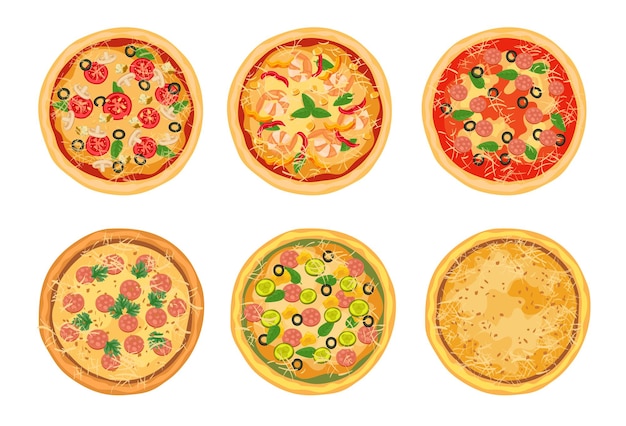 Vista superior do conjunto de ilustrações de diferentes pizzas