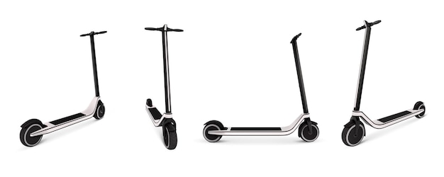 Vetor grátis vistas laterais frontais e traseiras isoladas de scooter elétrica em ilustração monocromática realista branca