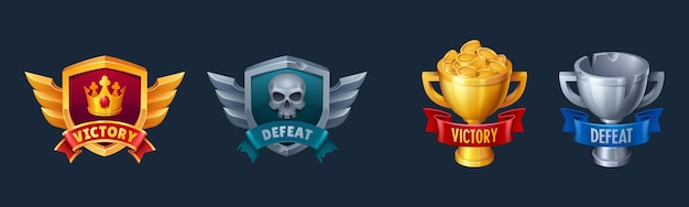 Vetor grátis vitória de ouro e derrota de metal ui ícone da tela do jogo ganhar e perder emblema de escudo com crânio e cálice para pirata mobile rpg 3d rivalidade ativos campeão sucesso ou fracasso strip design com asas e coroa