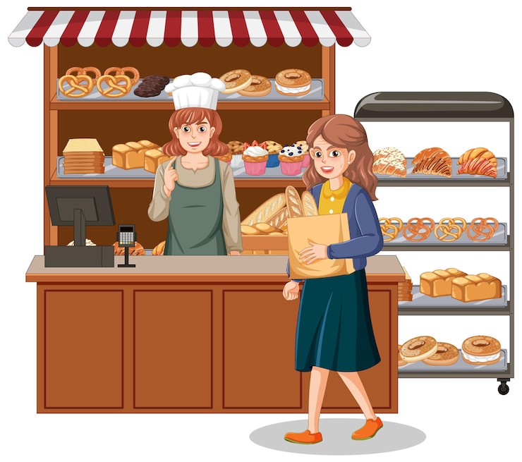 Vetor grátis vitrine de padaria com produtos de pão e pastelaria
