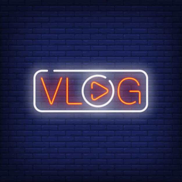 Vlog sinal de néon. Texto brilhante com a letra O em forma de botão play.