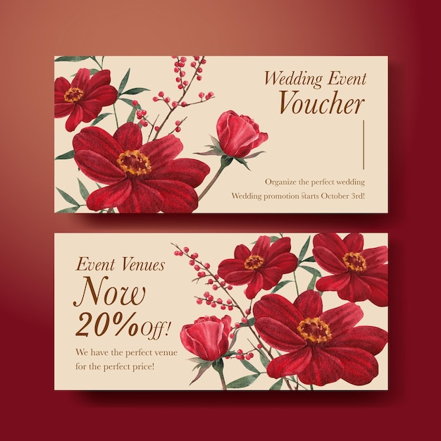 Voucher tempalte com conceito de casamento marinho vermelho, estilo aquarela