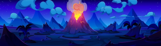 Vulcão em erupção com lava brilhante e fumaça à noite