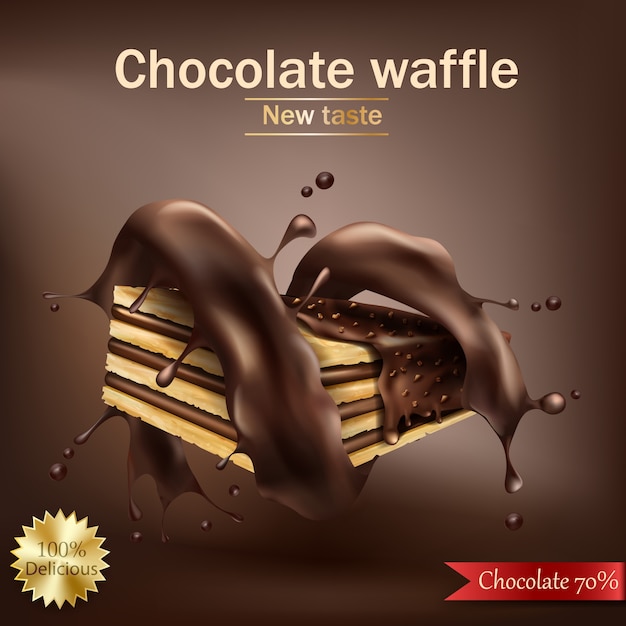 Waffle com enchimento de chocolate embrulhado em espiral de chocolate derretido