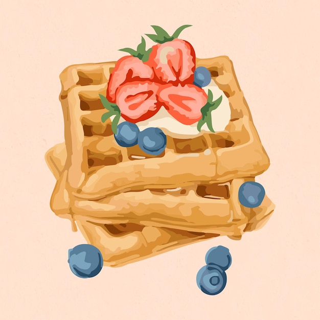 Vetor grátis waffles vetorizados cobertos com sobreposição de adesivo de frutas em um fundo de pêssego