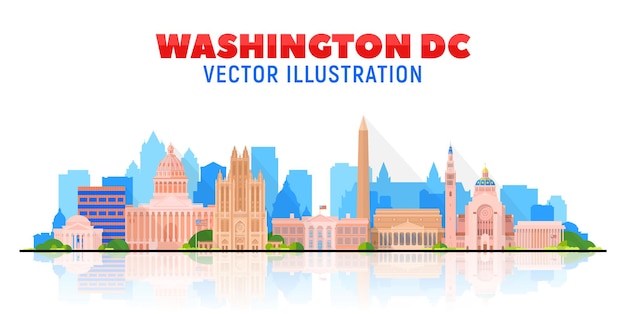 Washington dc, (eua) ilustração em vetor skyline cidade no fundo do céu. conceito de viagens e turismo de negócios com edifícios modernos. imagem para apresentação, banner, site.