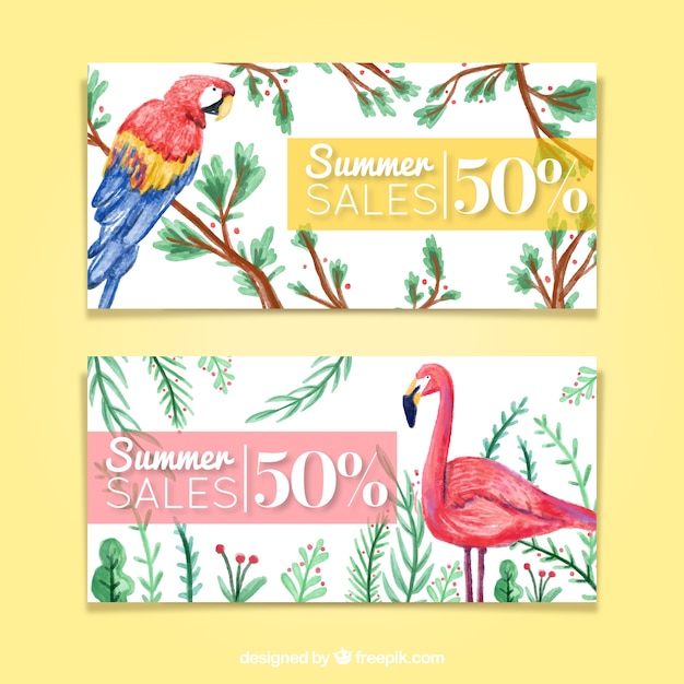 Watercolor banners venda pássaros tropical verão