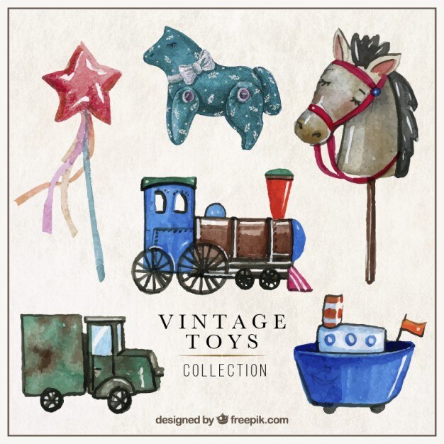 Vetor grátis watercolor pacote de brinquedos do vintage