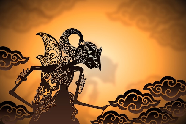 Wayang kulit pessoa abstrata e nuvens