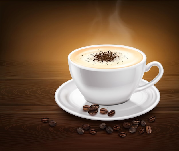 Xícara branca de café quente com canela no pires e feijão na mesa de madeira realista