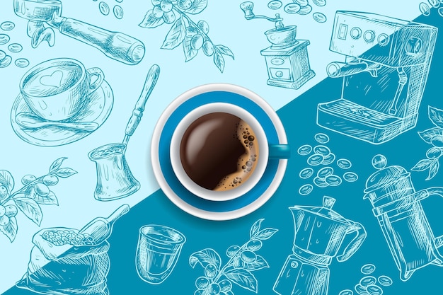 Vetor grátis xícara de café expresso em fundo azul desenhado à mão