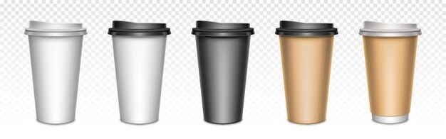 Xícaras de café com tampa fechada, embalagem. Canecas de plástico ou papel em branco para bebidas quentes, utensílio de café de rua take away para bebidas.