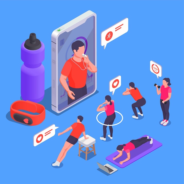 Vetor grátis yoga de treino de fitness online em casa conceito isométrico o grupo realiza exercícios de treinador e ele monitora o desempenho através de ilustração vetorial de smartphone