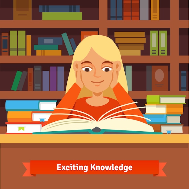 Young blond girl reading book em uma biblioteca