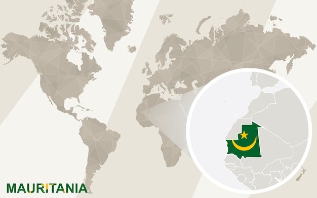 Zoom no mapa e na bandeira da mauritânia. mapa mundial.