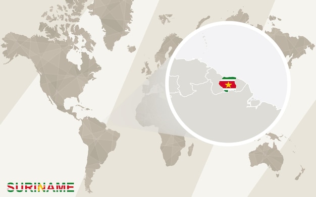 Zoom no mapa e na bandeira do suriname. mapa mundial.