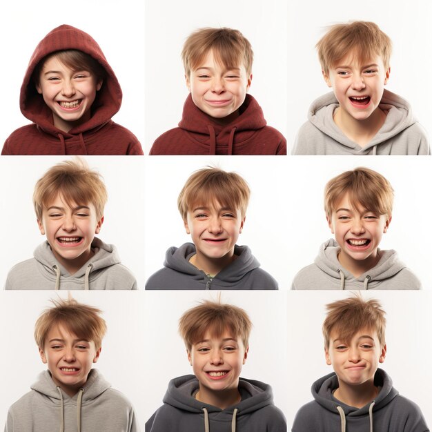 Vetor 10 componentes de expressão de menino rindo com raiva chorando ajuda