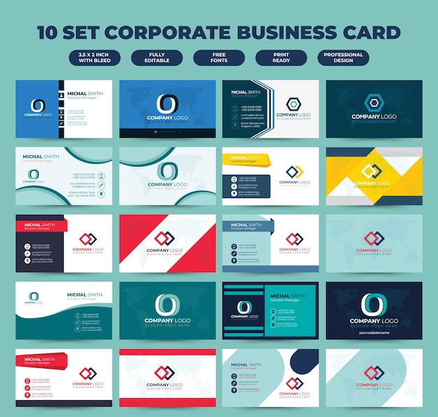 10 conjuntos de design de modelo de cartão de visita corporativo criativo, moderno, limpo e simples