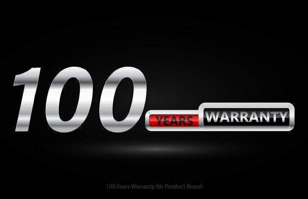 Vetor 100 anos de garantia logotipo prata isolado em fundo preto, desenho vetorial para garantia do produto.