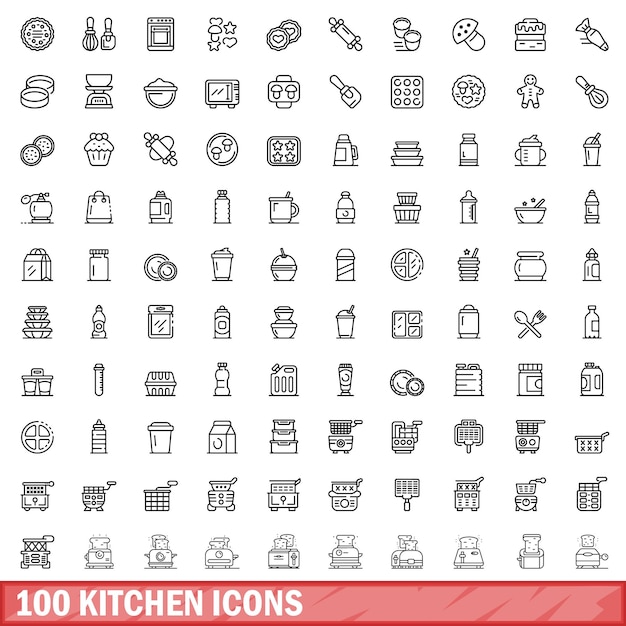 100 ícones de cozinha definir estilo de contorno