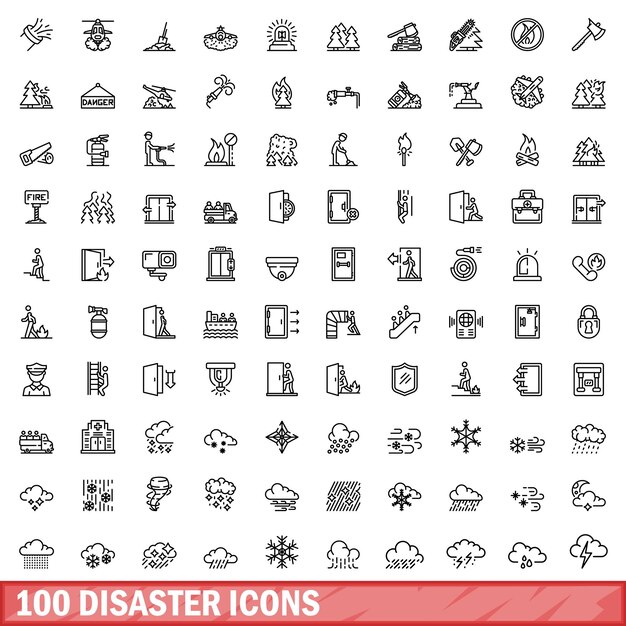 100 ícones de desastre definir estilo de contorno