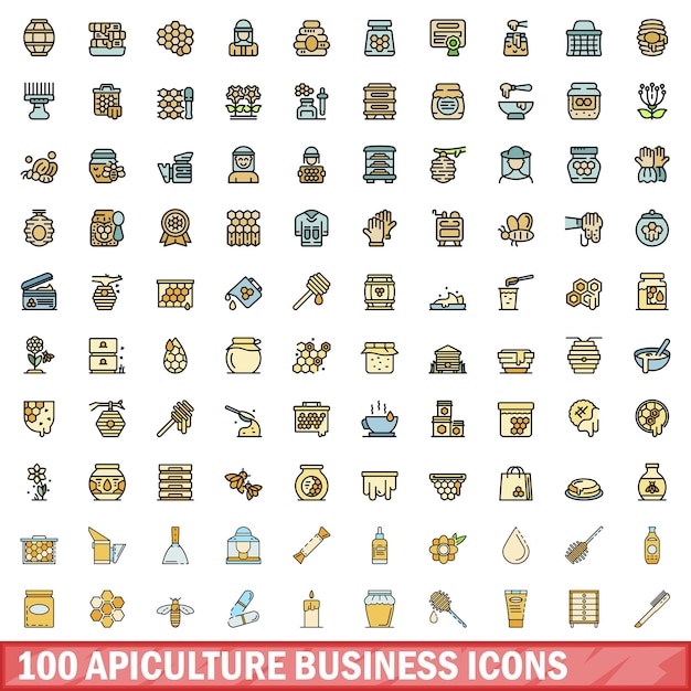 Vetor 100 ícones de negócios de apicultura definem o estilo da linha de cores