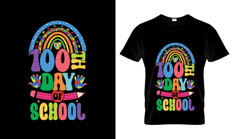 Vetor 100o dia da escola camiseta gráfica colorida autismo design de camiseta