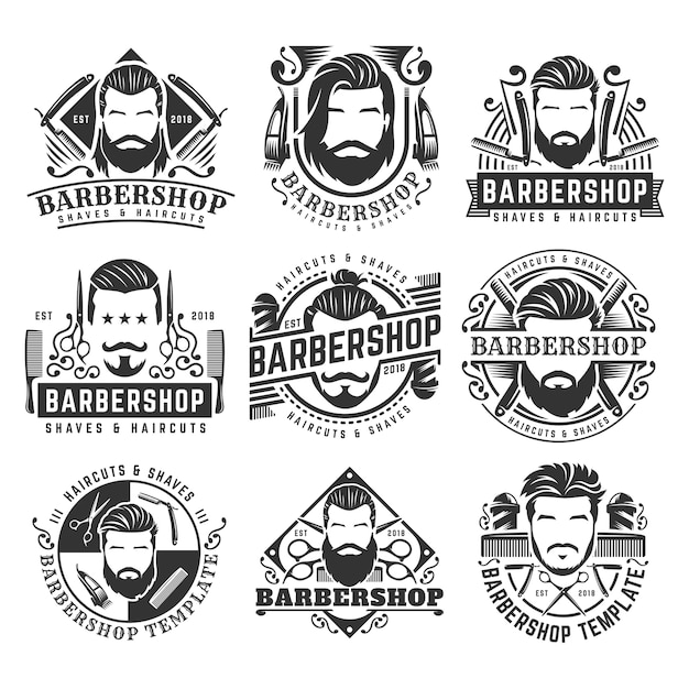 12 conjunto de coleção de modelo de logotipo de barbearia vintage