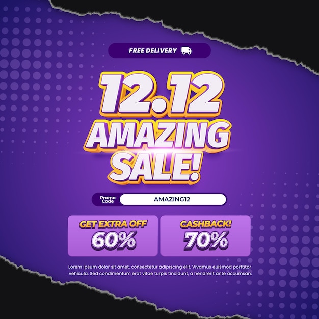 12 Dia de compras Ofertas de desconto de venda Gradiente roxo Papel quebrado esportivo Banner de texto editável