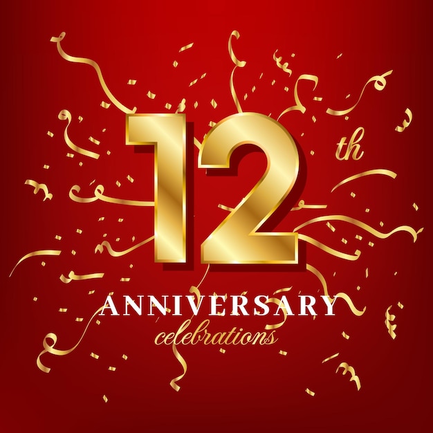 12 números dourados e aniversário comemorando texto com confete dourado espalhado sobre um fundo vermelho