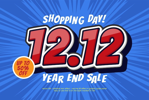 1212 efeito de texto de dia de compras com estilo de desenho animado 3D para promoção comercial