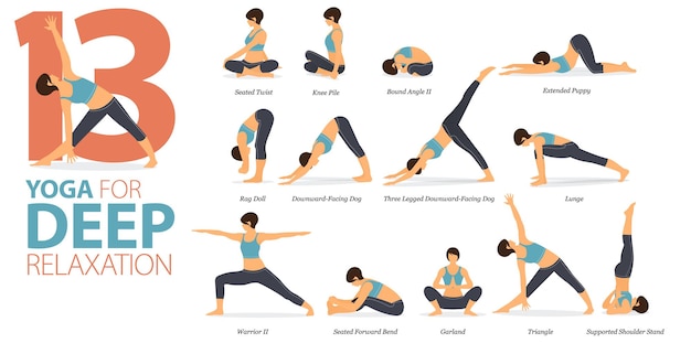 13 posturas de ioga ou postura asana. mulheres se exercitando para