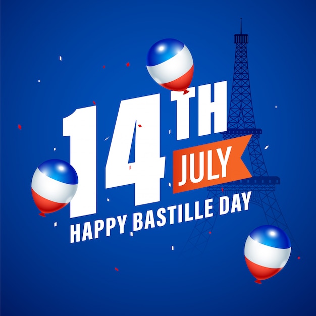 Vetor 14 de julho, feliz dia da bastilha texto com balões de cor de bandeira de frança e monumento da torre eiffel, sobre fundo azul.