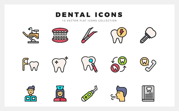 15 Dental Lineal Ícones de cor Ilustração vetorial do pacote