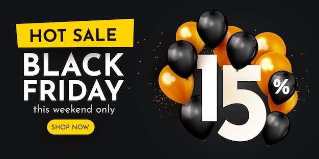 Vetor 15 por cento de desconto na composição criativa símbolo de venda black friday com balões e confete dourado banner e cartaz de venda