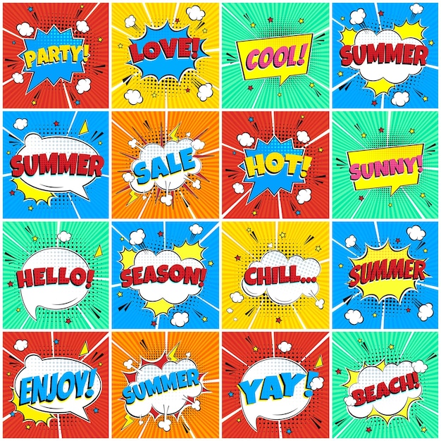 16 Letração Verão nas bolhas de fala Set de design plano de quadrinhos