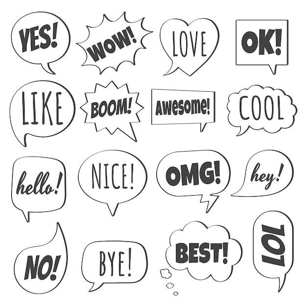 16 O design de estilo plano de bolhas de fala define outras formas com texto