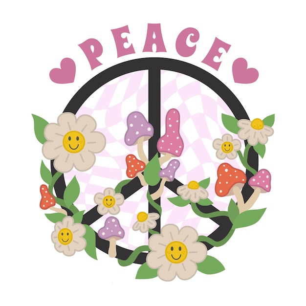 Vetor 1970 paz adesivo cartaz sinal de paz com cogumelos psicodélicos e camomila sorridente em fundo quadriculado distorcido hippie estética ilustração vetorial handdrawn isolado no branco