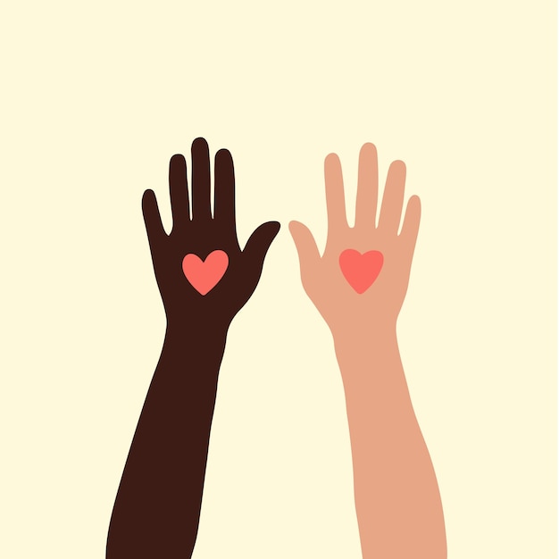 Vetor 2 pessoas com cor de pele diferente com o símbolo de amor vermelho na ilustração vetorial plana de middle palm