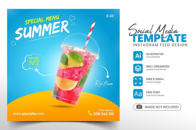 2 promoção de mídia social de bebida de verão e modelo de design de postagem de banner