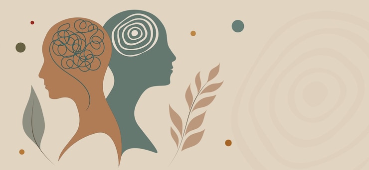 Vetor 2 silhueta da cabeça metafora transtorno bipolar mente mental cara dupla com cérebro emaranhado e desemaranhado conceito transtorno do humor saúde mental personalidade dividida psicologia psiquiatria