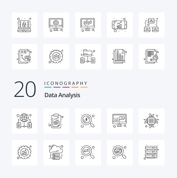 20 data analysis line icon pack como chip development seo data seo