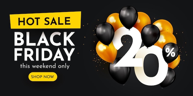 20% de desconto na composição criativa da black friday 3d símbolo de venda com objetos decorativos banner e cartaz de venda